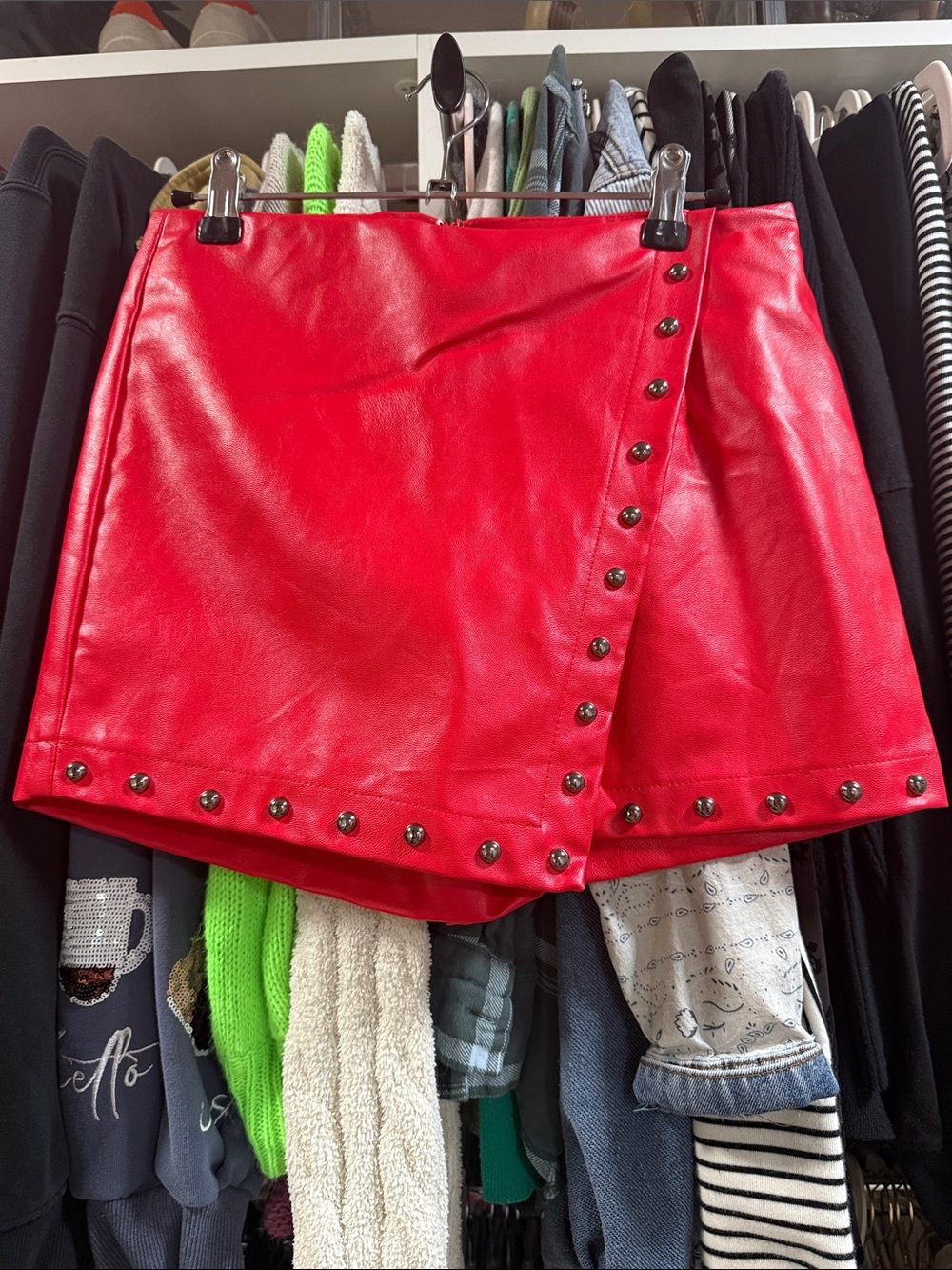 Red Faux Leather Studded Mini Skirt - Women's